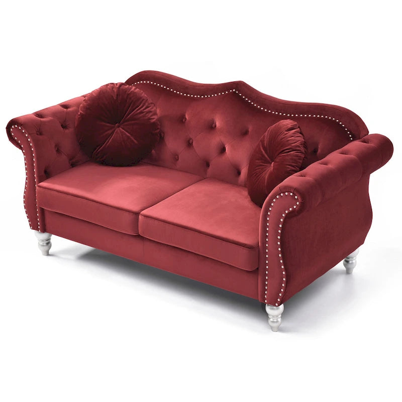 Divanetto in velluto, borchie decorative, capitonné, 2 posti – Avorio / Blu Navy / Grigio Scuro / Verde / Nero / Borgogna / Rosa