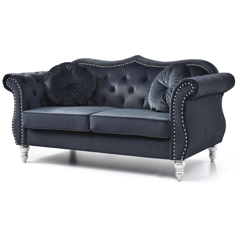 Divanetto in velluto, borchie decorative, capitonné, 2 posti – Avorio / Blu Navy / Grigio Scuro / Verde / Nero / Borgogna / Rosa