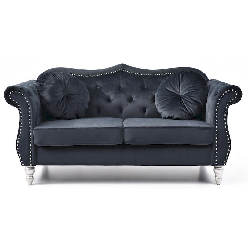 Divanetto in velluto, borchie decorative, capitonné, 2 posti – Avorio / Blu Navy / Grigio Scuro / Verde / Nero / Borgogna / Rosa