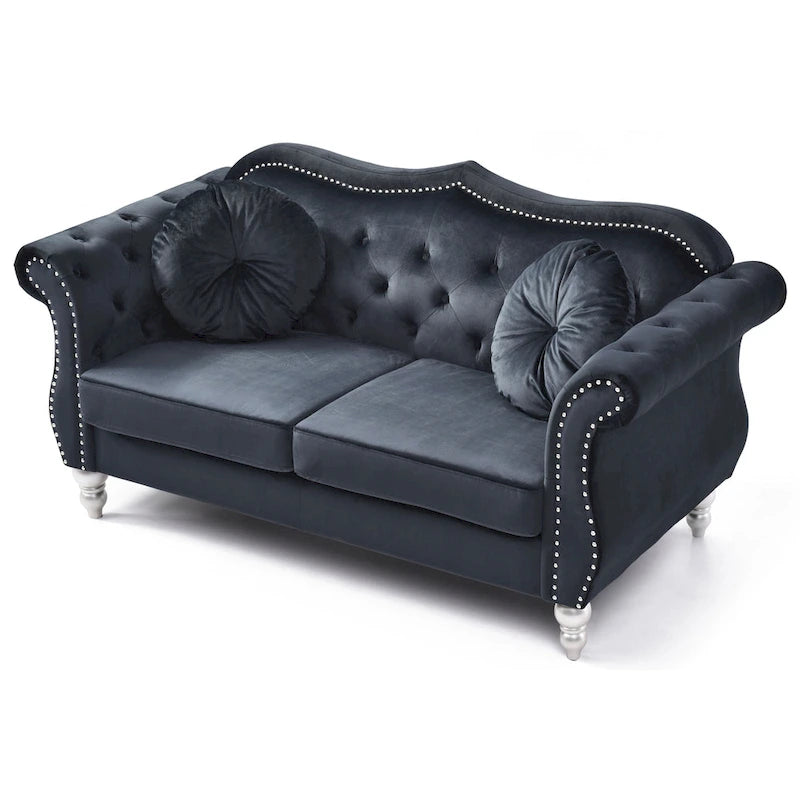 Divanetto in velluto, borchie decorative, capitonné, 2 posti – Avorio / Blu Navy / Grigio Scuro / Verde / Nero / Borgogna / Rosa
