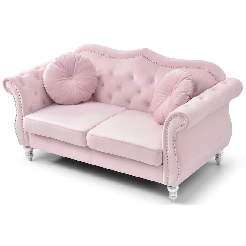 Divanetto in velluto, borchie decorative, capitonné, 2 posti – Avorio / Blu Navy / Grigio Scuro / Verde / Nero / Borgogna / Rosa