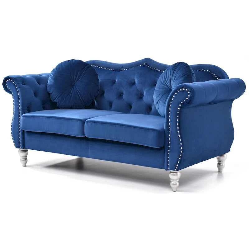 Divanetto in velluto, borchie decorative, capitonné, 2 posti – Avorio / Blu Navy / Grigio Scuro / Verde / Nero / Borgogna / Rosa