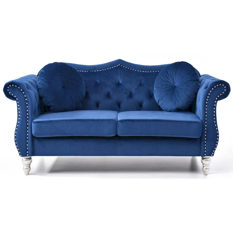 Divanetto in velluto, borchie decorative, capitonné, 2 posti – Avorio / Blu Navy / Grigio Scuro / Verde / Nero / Borgogna / Rosa