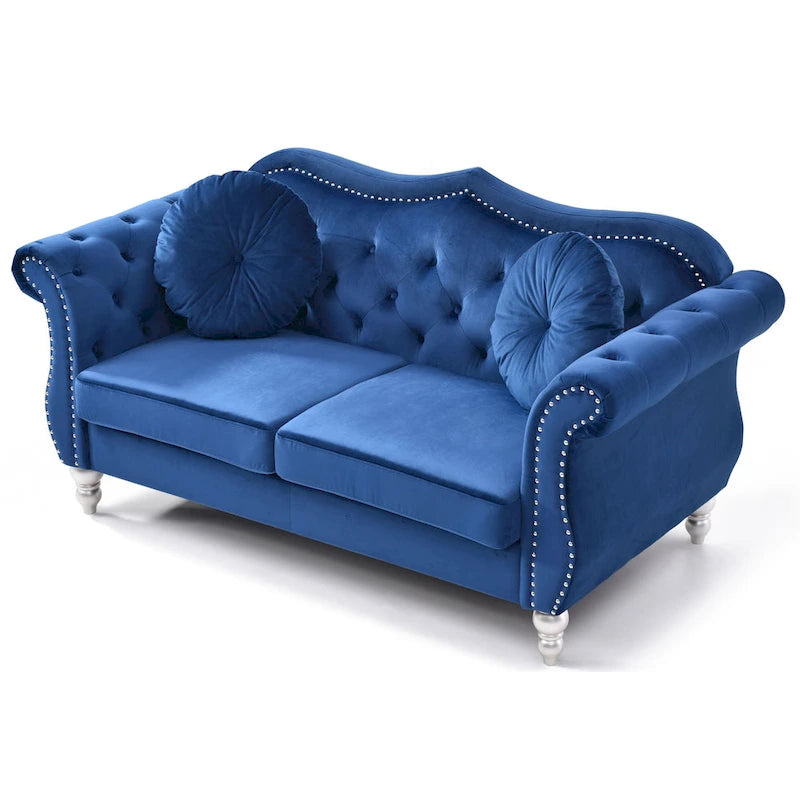 Divanetto in velluto, borchie decorative, capitonné, 2 posti – Avorio / Blu Navy / Grigio Scuro / Verde / Nero / Borgogna / Rosa