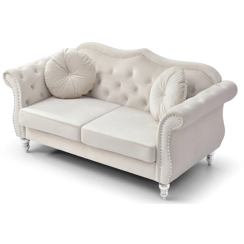 Divanetto in velluto, borchie decorative, capitonné, 2 posti – Avorio / Blu Navy / Grigio Scuro / Verde / Nero / Borgogna / Rosa