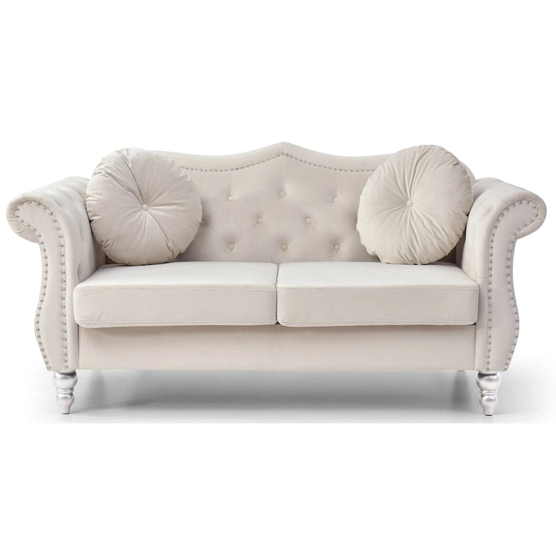 Divanetto in velluto, borchie decorative, capitonné, 2 posti – Avorio / Blu Navy / Grigio Scuro / Verde / Nero / Borgogna / Rosa