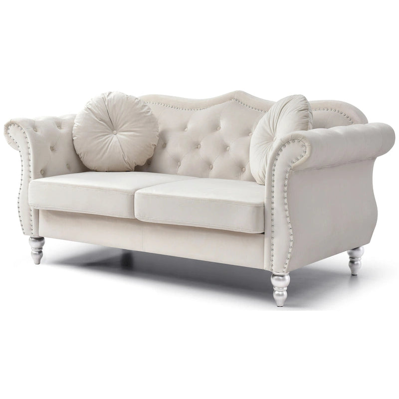 Divanetto in velluto, borchie decorative, capitonné, 2 posti – Avorio / Blu Navy / Grigio Scuro / Verde / Nero / Borgogna / Rosa