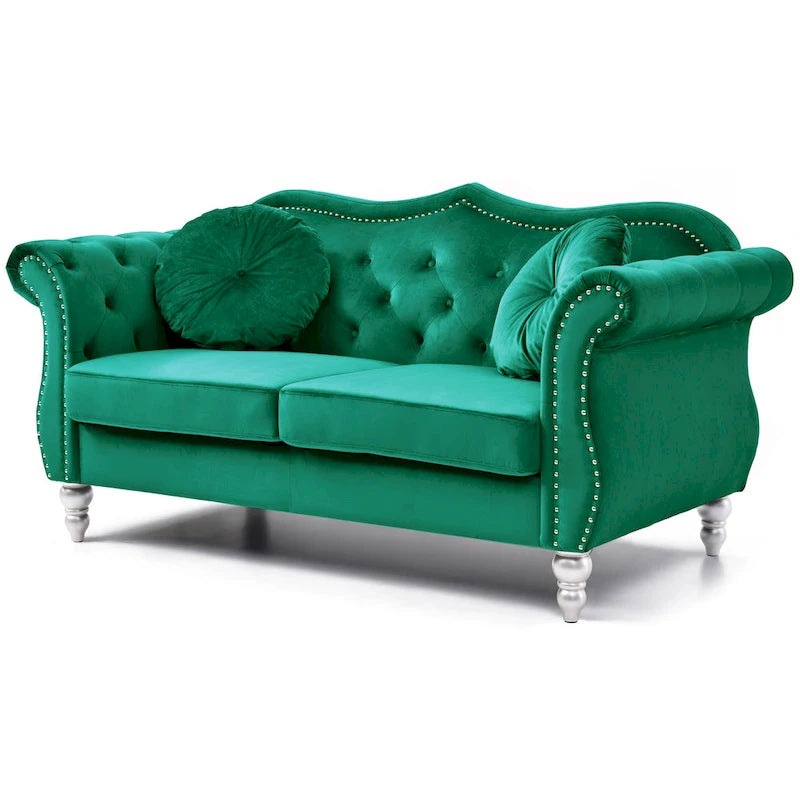 Divanetto in velluto, borchie decorative, capitonné, 2 posti – Avorio / Blu Navy / Grigio Scuro / Verde / Nero / Borgogna / Rosa