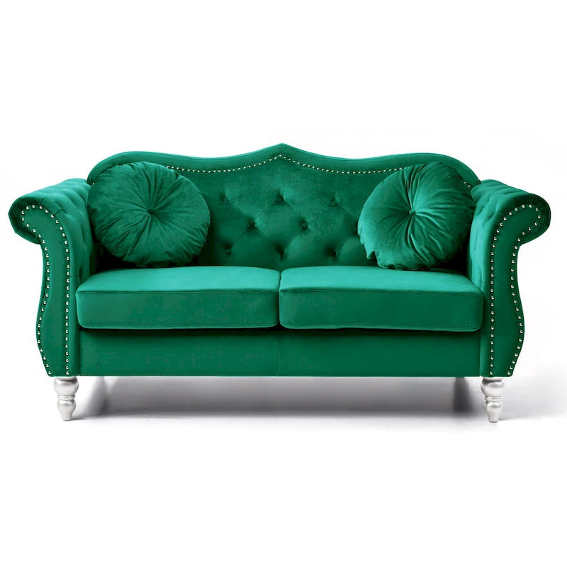 Divanetto in velluto, borchie decorative, capitonné, 2 posti – Avorio / Blu Navy / Grigio Scuro / Verde / Nero / Borgogna / Rosa