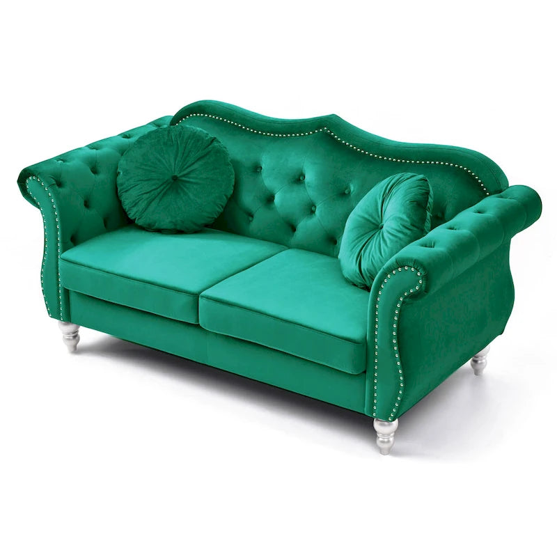 Divanetto in velluto, borchie decorative, capitonné, 2 posti – Avorio / Blu Navy / Grigio Scuro / Verde / Nero / Borgogna / Rosa