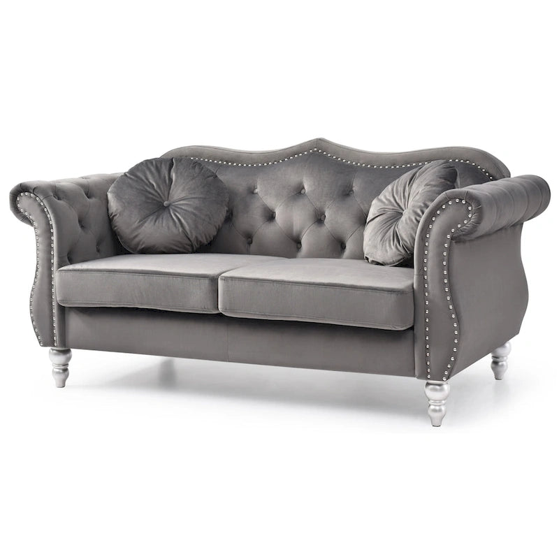 Divanetto in velluto, borchie decorative, capitonné, 2 posti – Avorio / Blu Navy / Grigio Scuro / Verde / Nero / Borgogna / Rosa