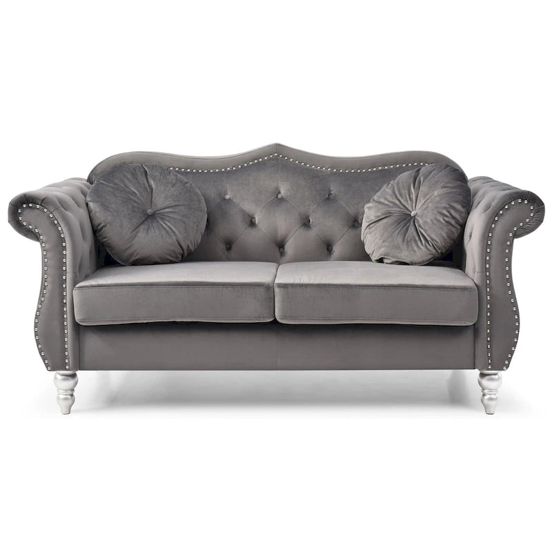 Divanetto in velluto, borchie decorative, capitonné, 2 posti – Avorio / Blu Navy / Grigio Scuro / Verde / Nero / Borgogna / Rosa