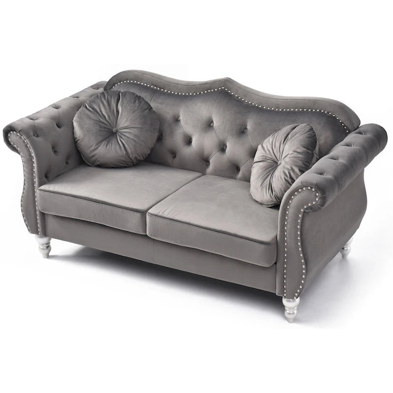 Divanetto in velluto, borchie decorative, capitonné, 2 posti – Avorio / Blu Navy / Grigio Scuro / Verde / Nero / Borgogna / Rosa