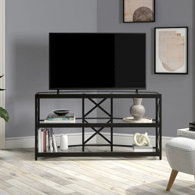 Supporto TV ad angolo con struttura a X in bronzo annerito, ripiani in vetro temperato, adatto per 1 TV fino a 55"