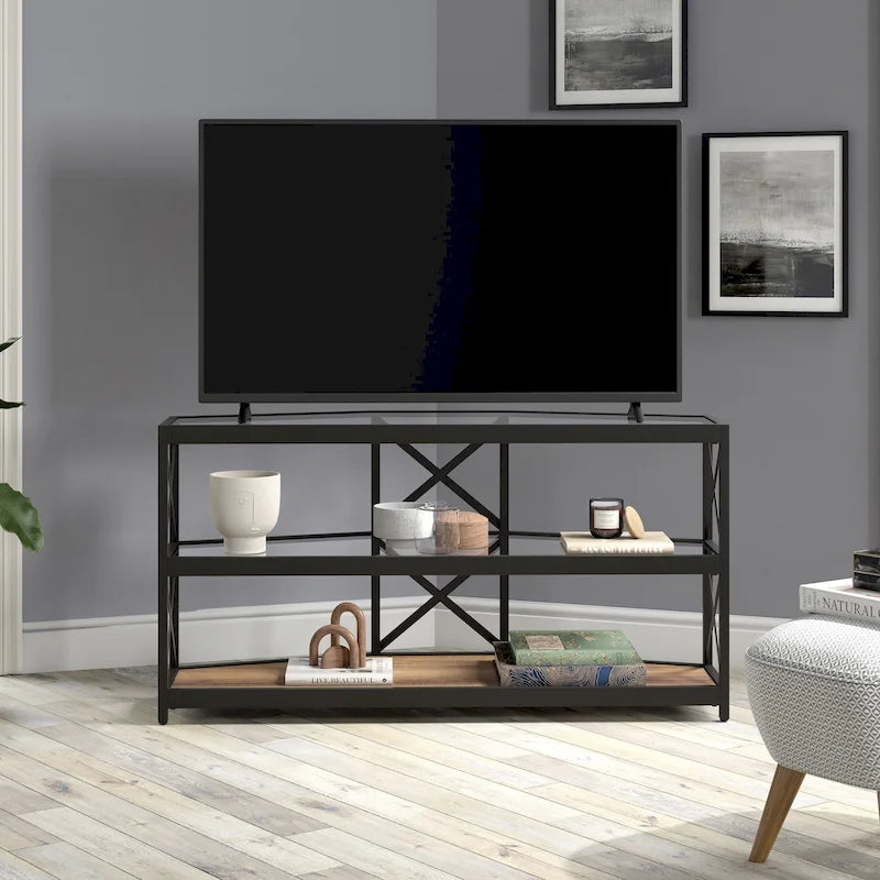 Supporto TV ad angolo con struttura a X in bronzo annerito, ripiani in vetro temperato, adatto per 1 TV fino a 55"