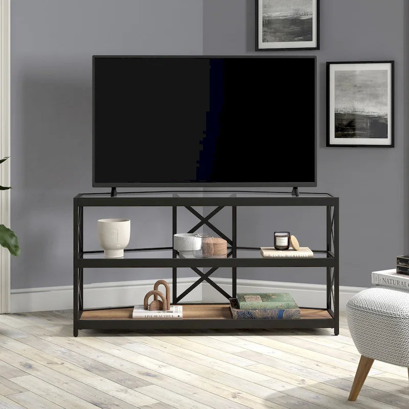 Supporto TV ad angolo con struttura a X in bronzo annerito, ripiani in vetro temperato, adatto per 1 TV fino a 55"