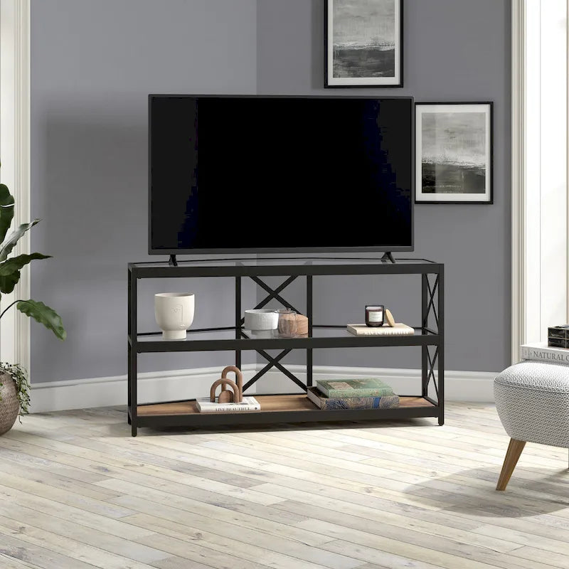 Supporto TV ad angolo con struttura a X in bronzo annerito, ripiani in vetro temperato, adatto per 1 TV fino a 55"