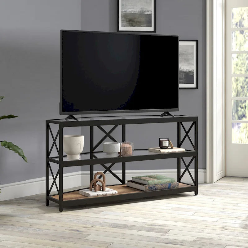 Supporto TV ad angolo con struttura a X in bronzo annerito, ripiani in vetro temperato, adatto per 1 TV fino a 55"