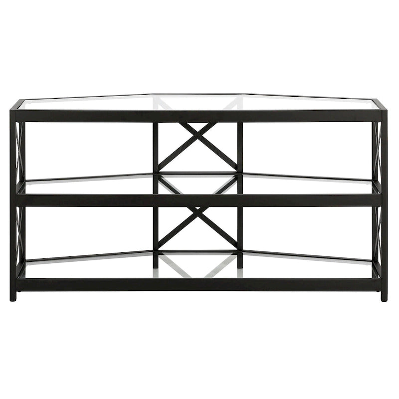 Supporto TV ad angolo con struttura a X in bronzo annerito, ripiani in vetro temperato, adatto per 1 TV fino a 55"