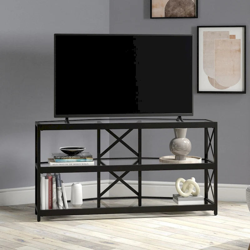 Supporto TV ad angolo con struttura a X in bronzo annerito, ripiani in vetro temperato, adatto per 1 TV fino a 55"
