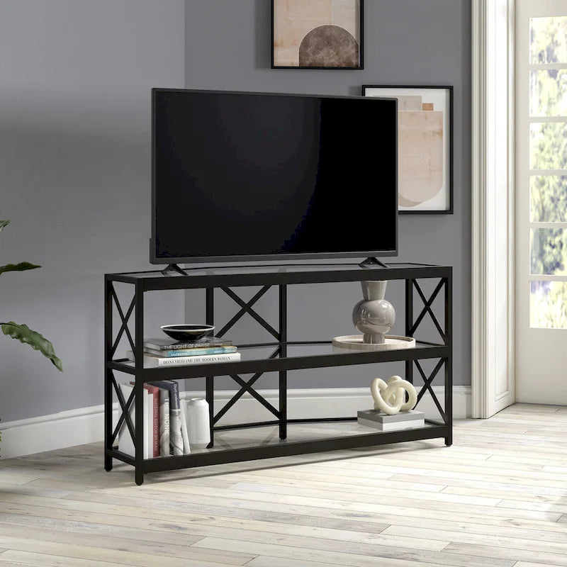 Supporto TV ad angolo con struttura a X in bronzo annerito, ripiani in vetro temperato, adatto per 1 TV fino a 55"