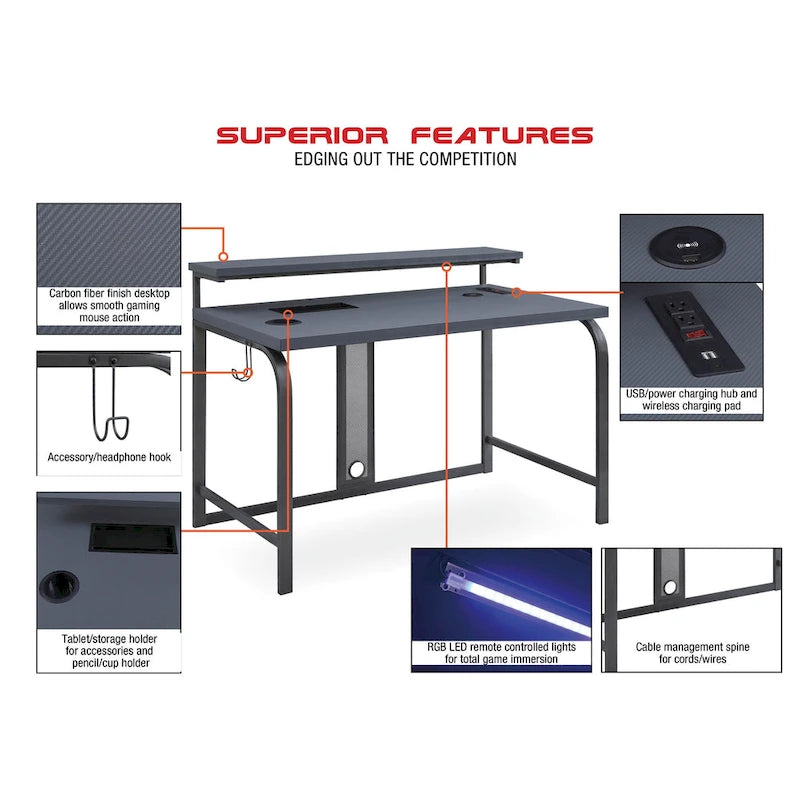 Scrivania da Gaming Nera, 122 cm, Monoutente, LED RGB