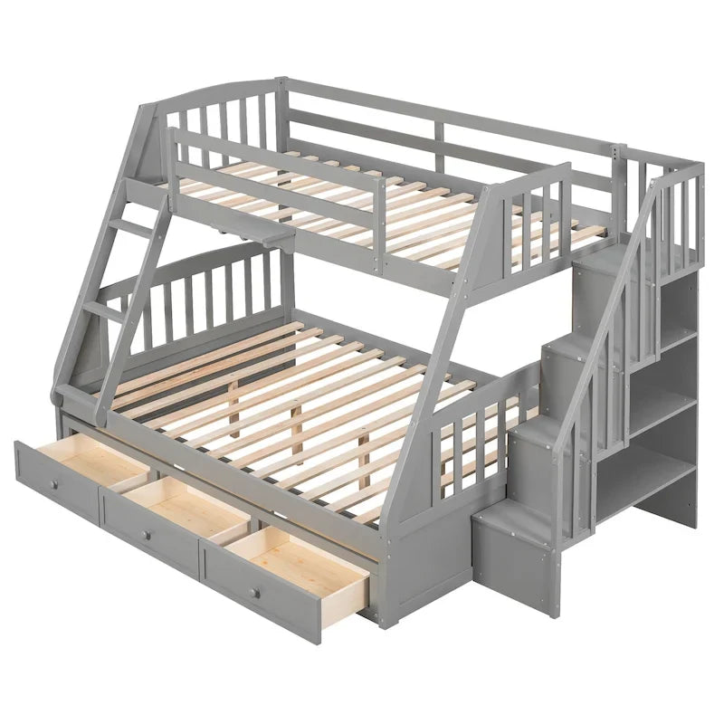 Letto a castello Twin-Over-Full grigio/espresso/bianco con scaletta-contenitore e cassetti, 2 posti letto