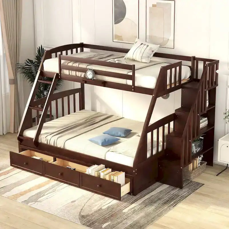 Letto a castello Twin-Over-Full grigio/espresso/bianco con scaletta-contenitore e cassetti, 2 posti letto