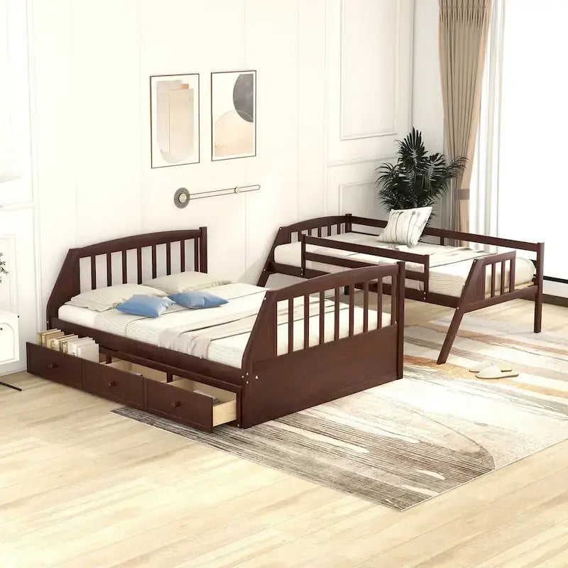 Letto a castello Twin-Over-Full grigio/espresso/bianco con scaletta-contenitore e cassetti, 2 posti letto