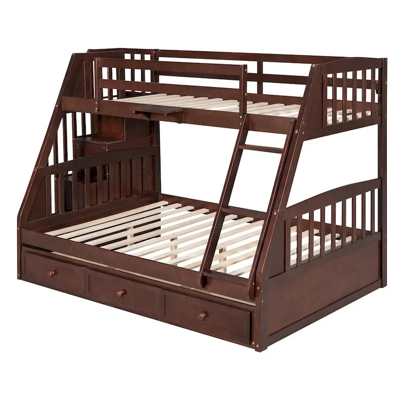 Letto a castello Twin-Over-Full grigio/espresso/bianco con scaletta-contenitore e cassetti, 2 posti letto