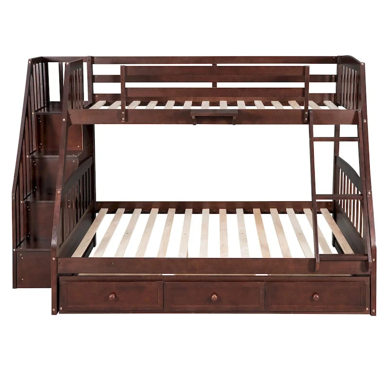 Letto a castello Twin-Over-Full grigio/espresso/bianco con scaletta-contenitore e cassetti, 2 posti letto