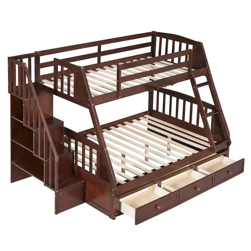 Letto a castello Twin-Over-Full grigio/espresso/bianco con scaletta-contenitore e cassetti, 2 posti letto