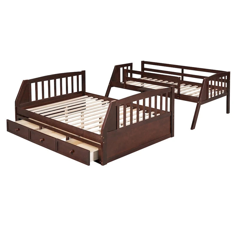 Letto a castello Twin-Over-Full grigio/espresso/bianco con scaletta-contenitore e cassetti, 2 posti letto
