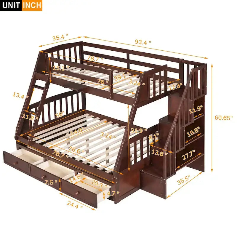 Letto a castello Twin-Over-Full grigio/espresso/bianco con scaletta-contenitore e cassetti, 2 posti letto