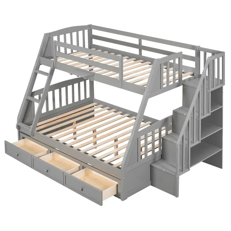 Letto a castello Twin-Over-Full grigio/espresso/bianco con scaletta-contenitore e cassetti, 2 posti letto