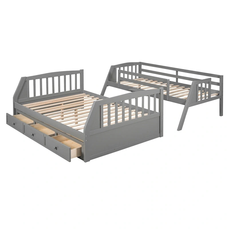 Letto a castello Twin-Over-Full grigio/espresso/bianco con scaletta-contenitore e cassetti, 2 posti letto