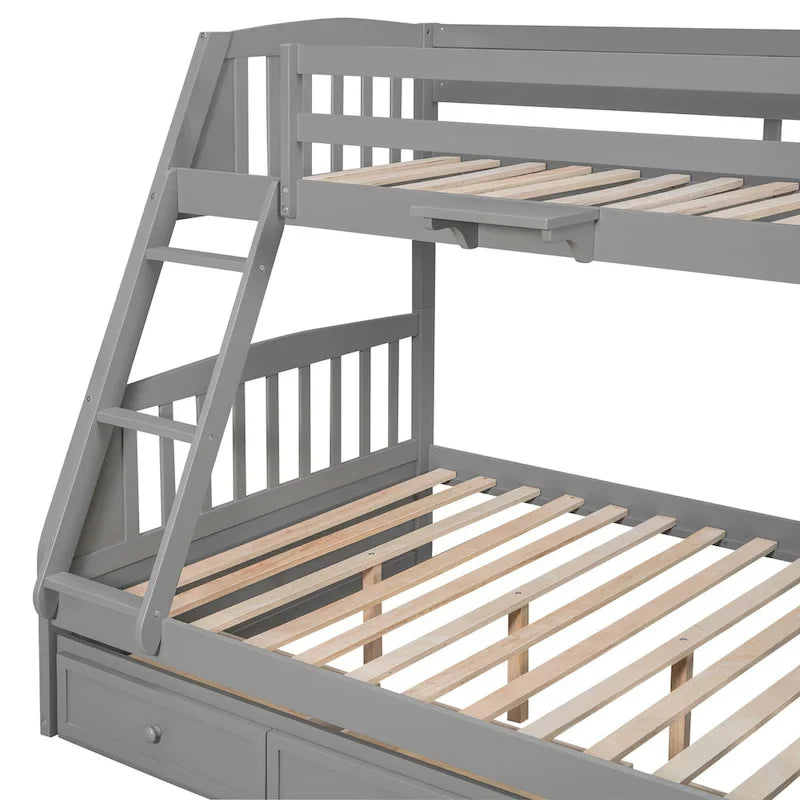 Letto a castello Twin-Over-Full grigio/espresso/bianco con scaletta-contenitore e cassetti, 2 posti letto