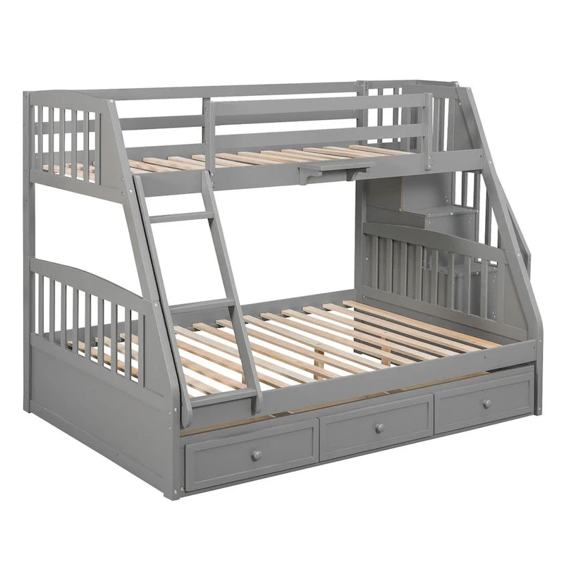 Letto a castello Twin-Over-Full grigio/espresso/bianco con scaletta-contenitore e cassetti, 2 posti letto