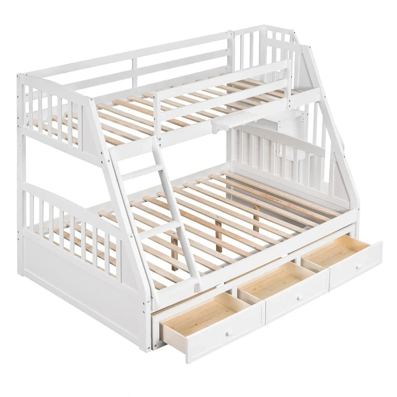 Letto a castello Twin-Over-Full grigio/espresso/bianco con scaletta-contenitore e cassetti, 2 posti letto