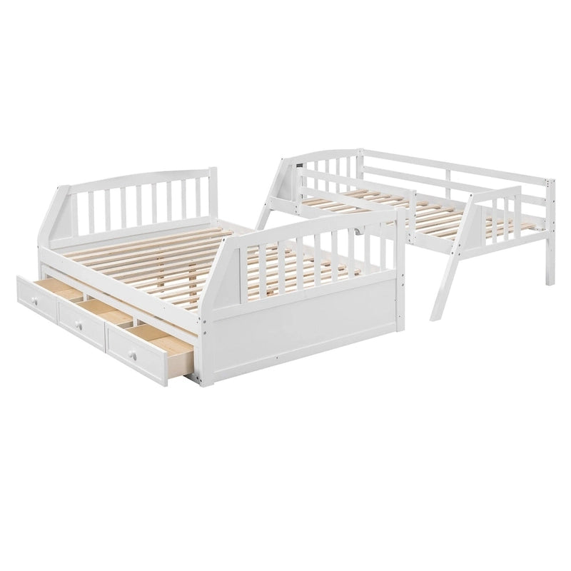 Letto a castello Twin-Over-Full grigio/espresso/bianco con scaletta-contenitore e cassetti, 2 posti letto