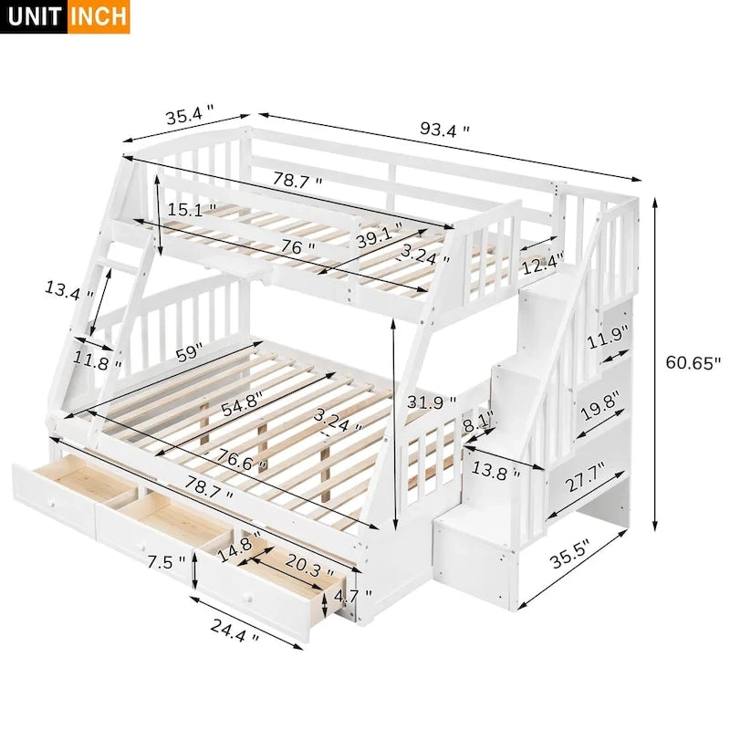 Letto a castello Twin-Over-Full grigio/espresso/bianco con scaletta-contenitore e cassetti, 2 posti letto