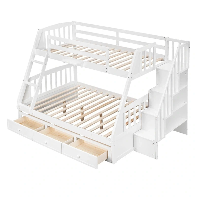 Letto a castello Twin-Over-Full grigio/espresso/bianco con scaletta-contenitore e cassetti, 2 posti letto