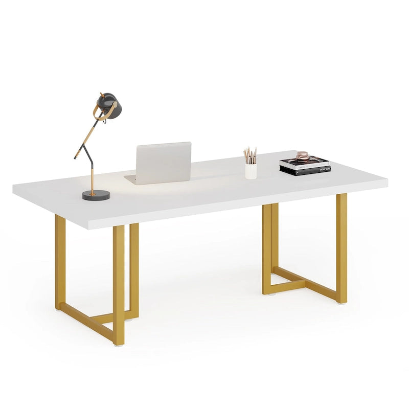 Scrivania per Computer da 180 cm, Acero/Bianco/Marrone Vintage, per Una Persona, Struttura in Metallo