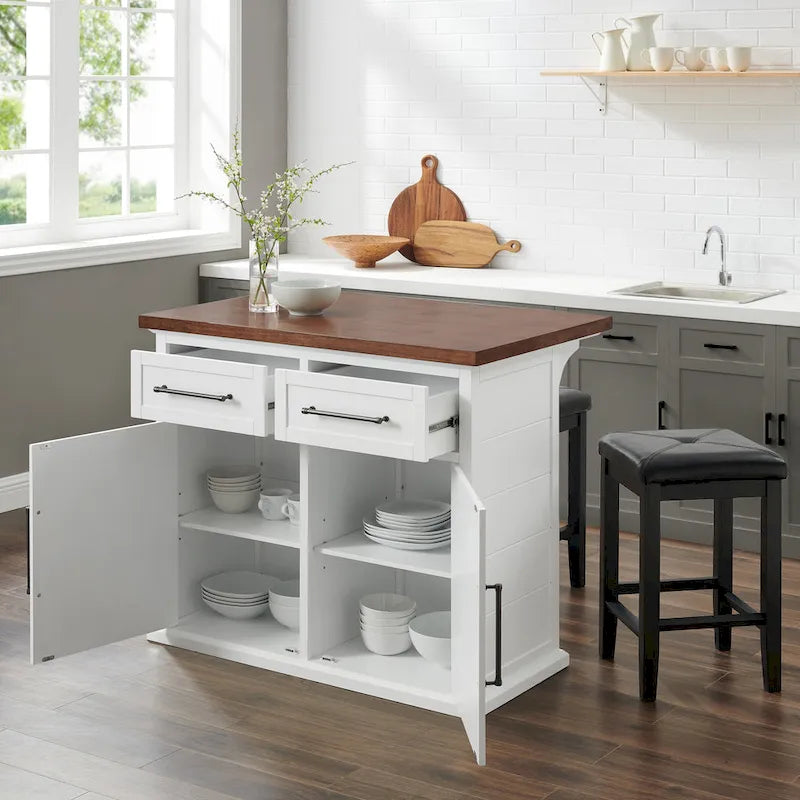 Isola da Cucina con Piano in Legno Bianco e Posti a Sedere, 2 Sgabelli, 107 L x 68,5 P x 91,5 A cm