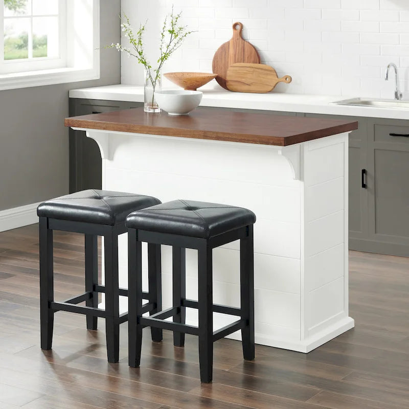 Isola da Cucina con Piano in Legno Bianco e Posti a Sedere, 2 Sgabelli, 107 L x 68,5 P x 91,5 A cm