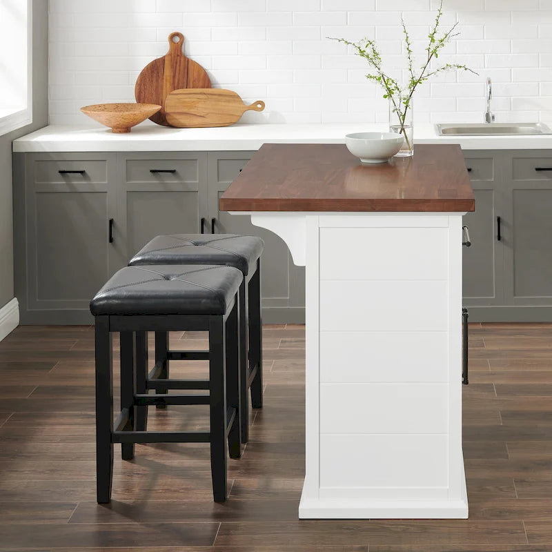 Isola da Cucina con Piano in Legno Bianco e Posti a Sedere, 2 Sgabelli, 107 L x 68,5 P x 91,5 A cm