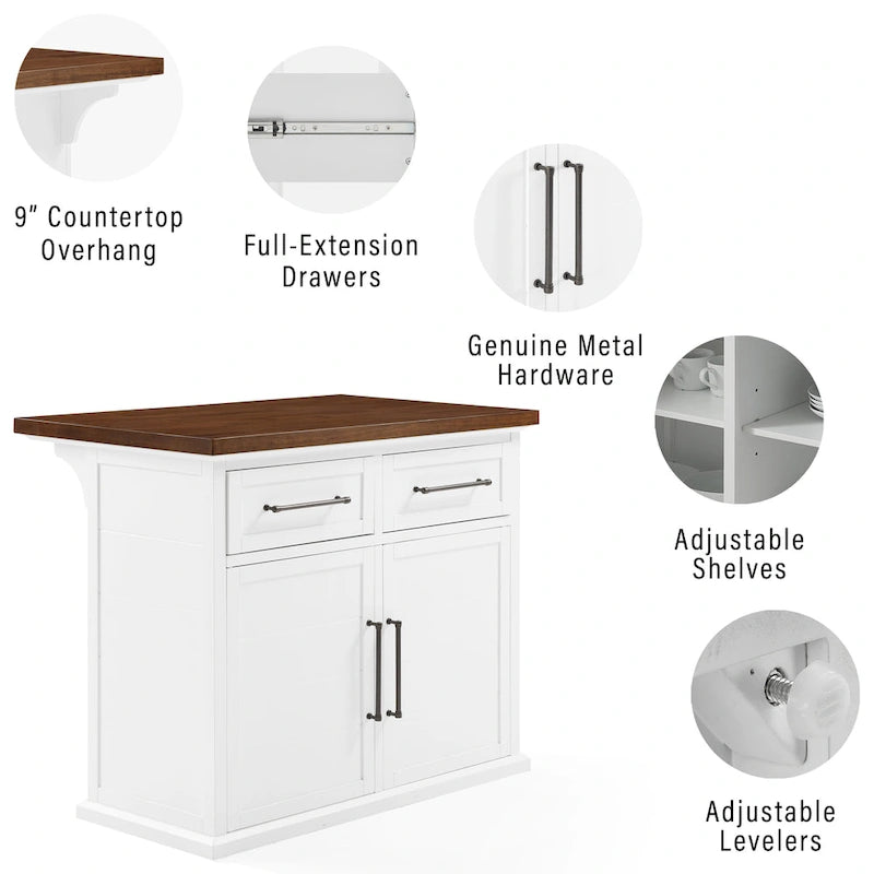 Isola da Cucina con Piano in Legno Bianco e Posti a Sedere, 2 Sgabelli, 107 L x 68,5 P x 91,5 A cm