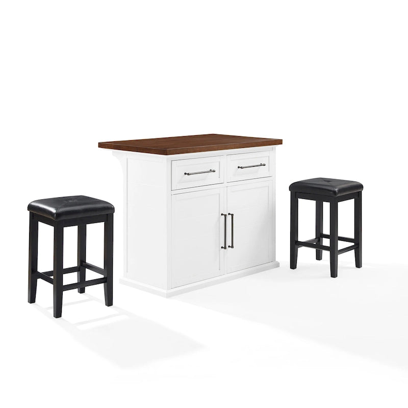 Isola da Cucina con Piano in Legno Bianco e Posti a Sedere, 2 Sgabelli, 107 L x 68,5 P x 91,5 A cm