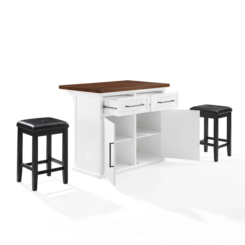 Isola da Cucina con Piano in Legno Bianco e Posti a Sedere, 2 Sgabelli, 107 L x 68,5 P x 91,5 A cm