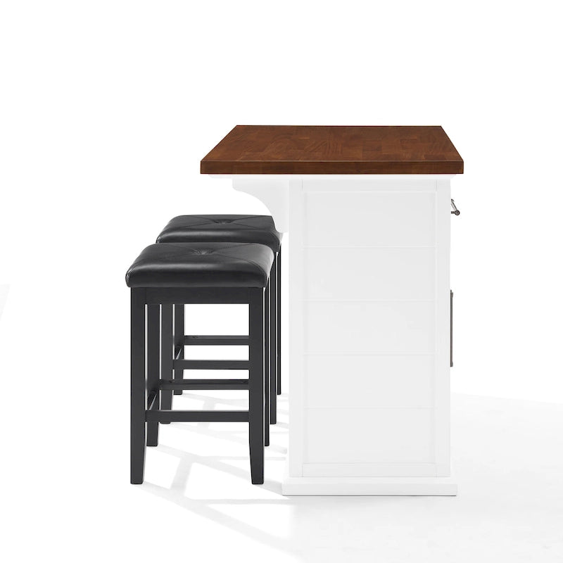 Isola da Cucina con Piano in Legno Bianco e Posti a Sedere, 2 Sgabelli, 107 L x 68,5 P x 91,5 A cm